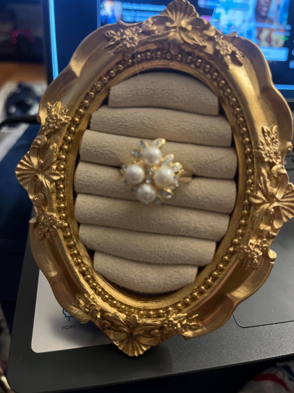 Vintage Pearl Cluster Ring in Gold Tone, Size 11